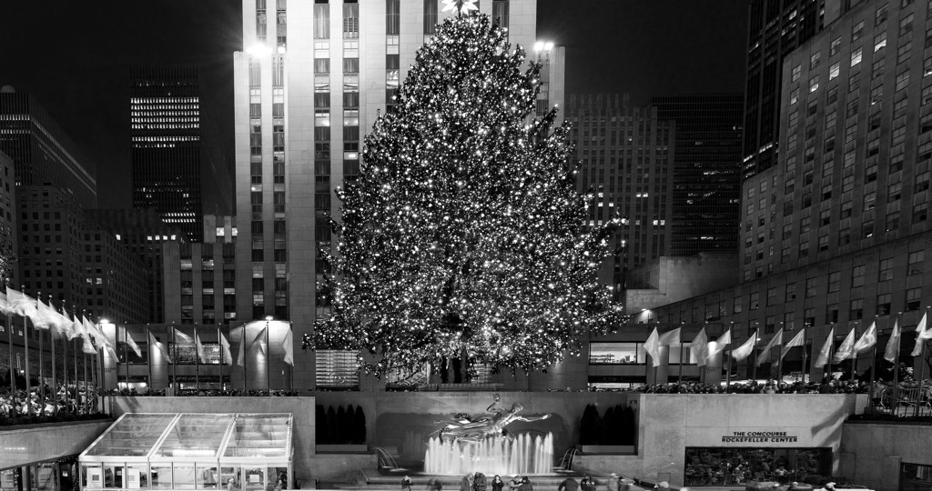 Rockefeller Weihnachtsbaum, dahinter ist der Haupteingang, von hier, außen herum, bis zum Haupteingang haben wir uns 40min lang Haut an Haut geschoben
