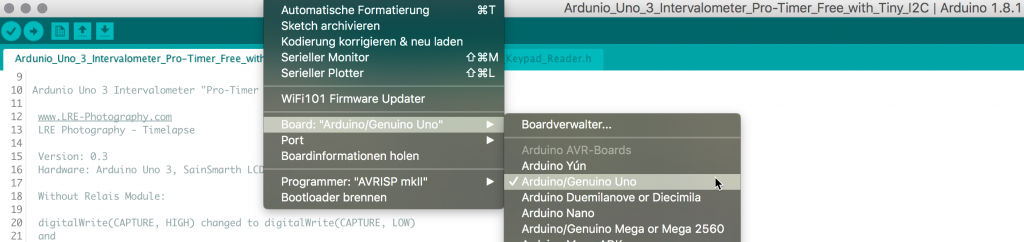 In der Ardunio-Entwicklungsumgebung den Ardunio Uno auswählen