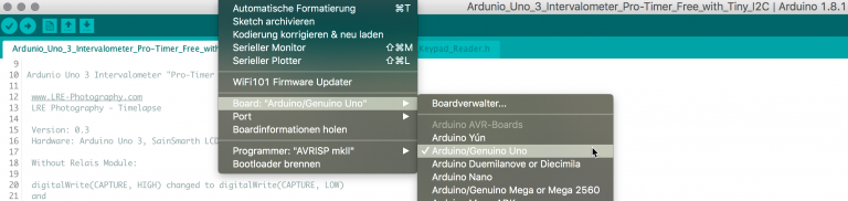 In der Arduino-Entwicklungsumgebung den Ardunio Uno auswählen
