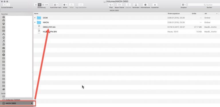 Nikon D850 Firmware-Update 1.01 – MAC Finder anzeige