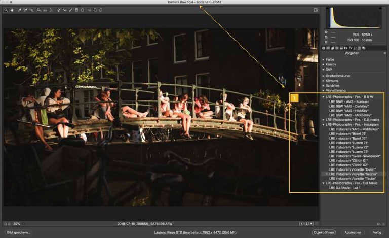 Sony RAW File geöffnet im Adobe RAW Konverter mit Presets Liste