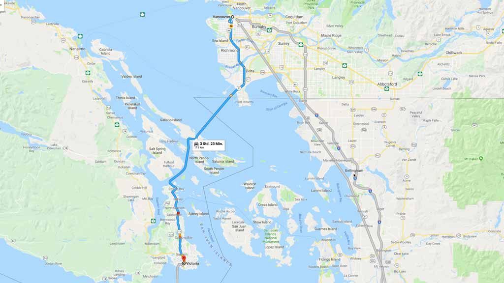 Fürs Naviziel Fähre Tsawwassen eingeben, liegt ca. 30 min südlich von Vancouver, Richtung USA Border.