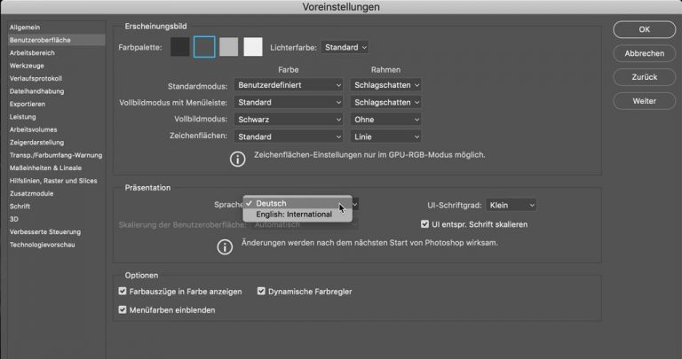 Benutzeroberfläche von Adobe Produkte Mehrsprachig verwenden z.B. Deutsch und Englisch
