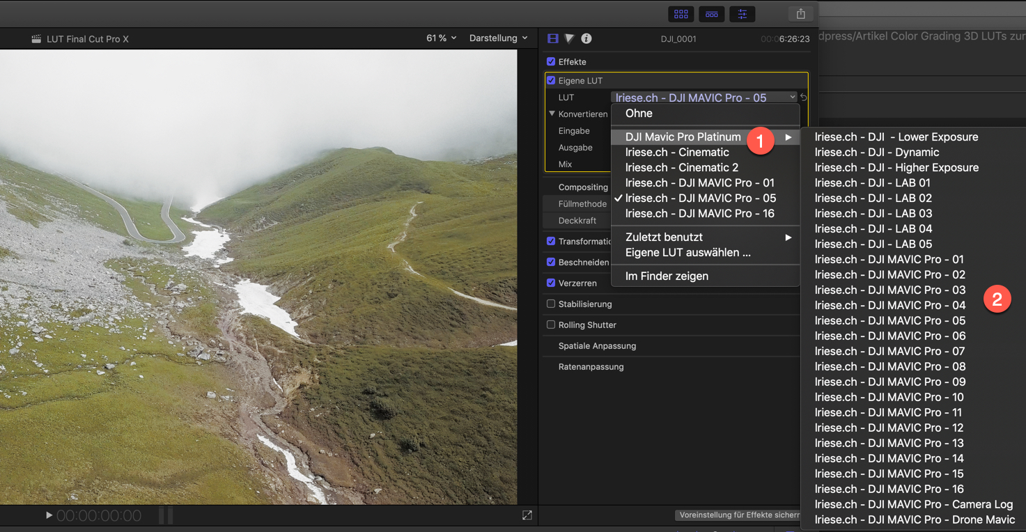 Color Grading 3D LUTs zur Farbkorrektur in Final Cut Pro X für DJI Mavic - Air und Pro