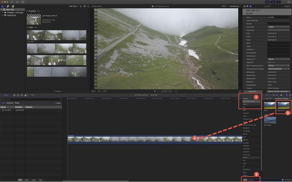 Color Grading 3D LUTs zur Farbkorrektur in Final Cut Pro X für DJI Mavic - Air und Pro