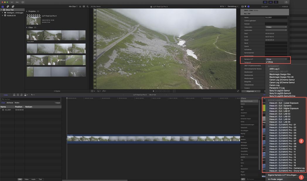 Color Grading 3D LUTs zur Farbkorrektur in Final Cut Pro X für DJI Mavic - Air und Pro