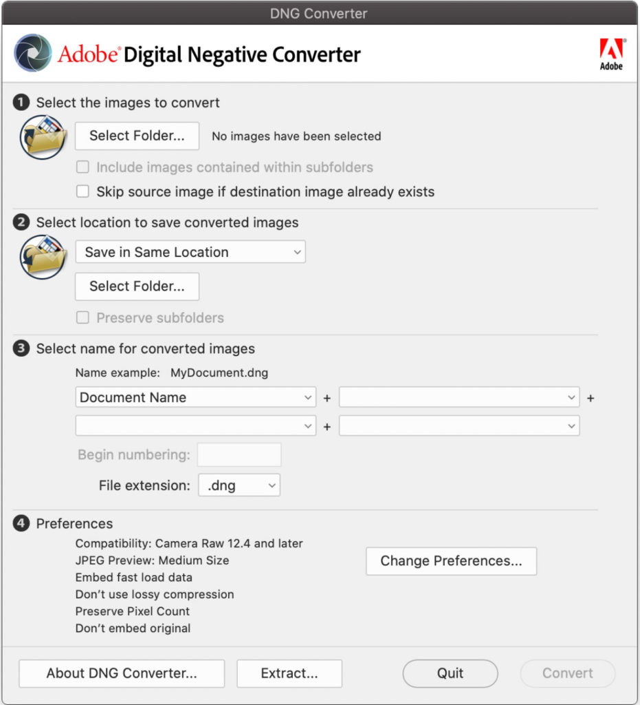 Fotografie-Workflows unter macOS: Nikon NX Tether, Adobe DNG Converter und Apple Automator Integration - DNG-Converter Benutzeroberfläche